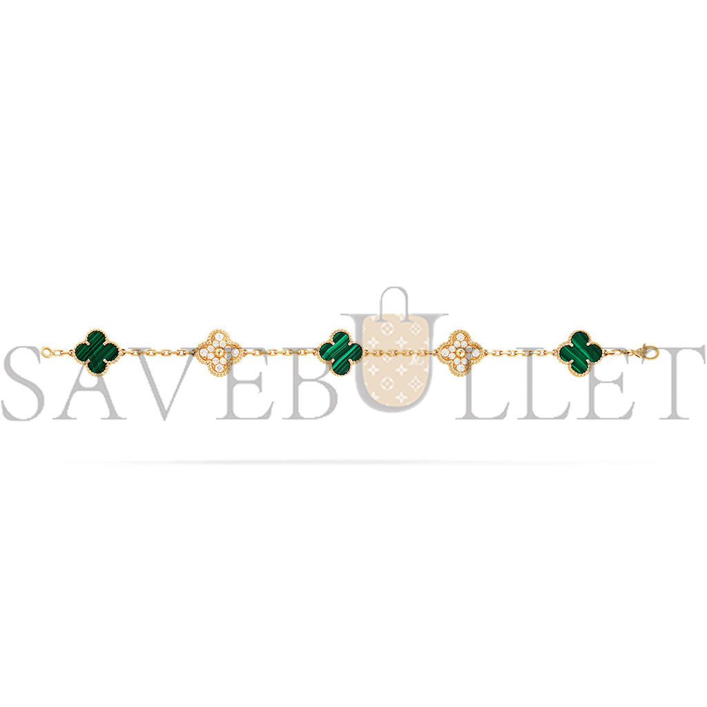 van cleef arpels vintage alhambra bracelet, 5 motifs - yellow gold, Di*m*nd, malachite  vcaro7gq00